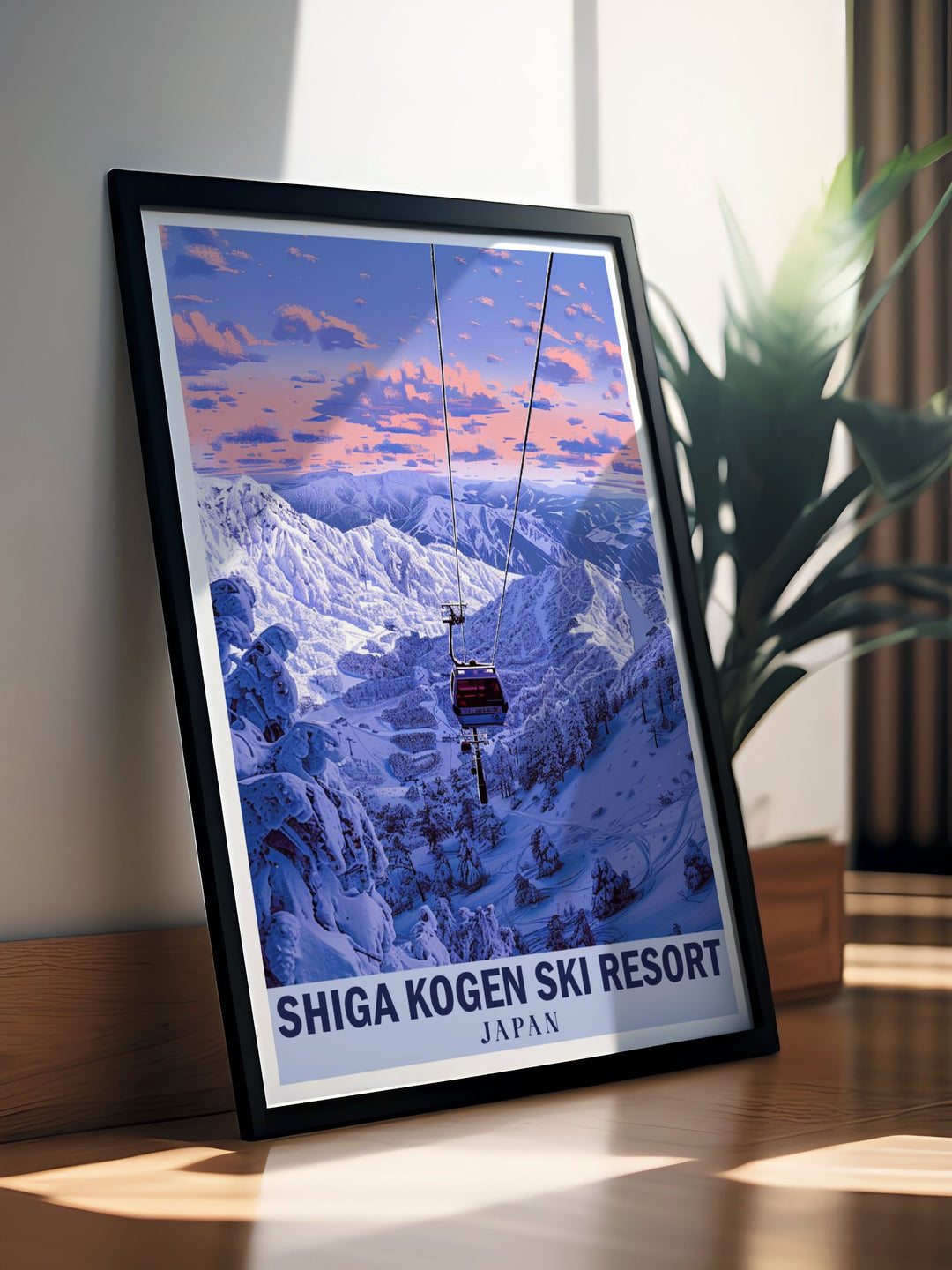 Shiga Kogen is beautifully illustrated in this poster, featuring the interconnected ski areas and pristine slopes that make it Japans largest ski resort, inviting viewers to imagine an exhilarating winter adventure.