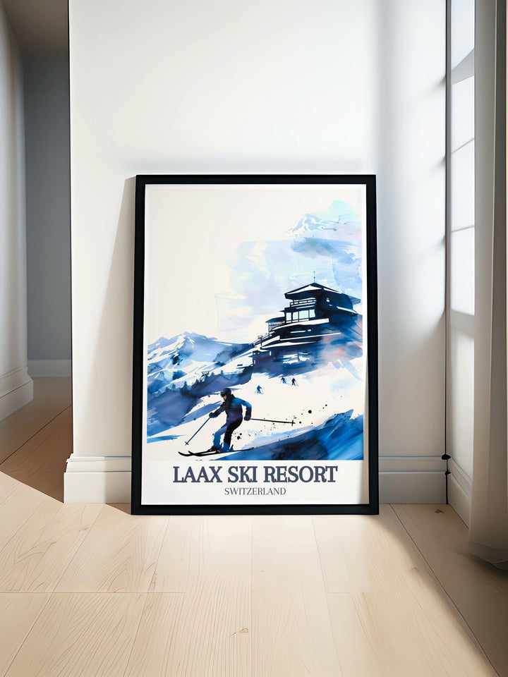 Laax Ski Resort Travel Poster showcasing the breathtaking slopes of Flims Laax Falera and Crap Sogn Gion perfect for decorating your home or office with stunning alpine scenery and bringing the beauty of Switzerland skiing into your space.