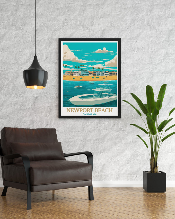 Balboa Island vintage print showcasing the serene beaches and vibrant harbor of Newport Beach. This artwork is a timeless piece of California art that adds character and style to your home decor. Ideal for those who love the Golden States coastal life.
