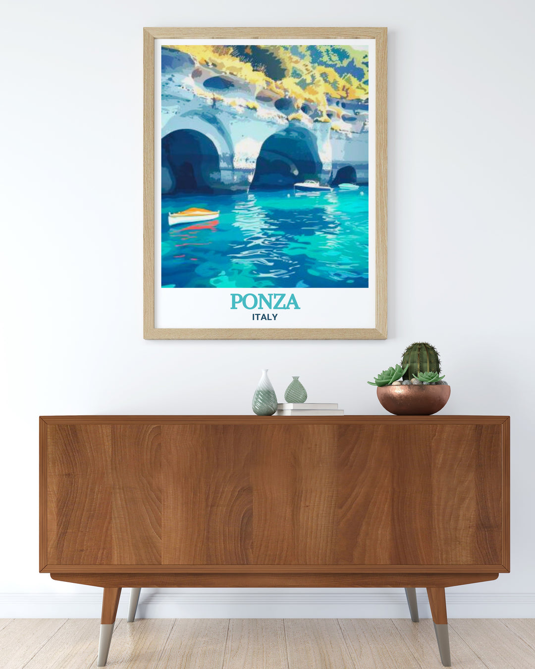 The ancient Roman caves of Grotte di Pilato in Ponza, Italy, are beautifully illustrated in this print. The artwork captures the rugged cliffs and serene sea that define this historic site. Perfect for enhancing your home with the charm and history of Italy, this print is a stunning addition to any room.