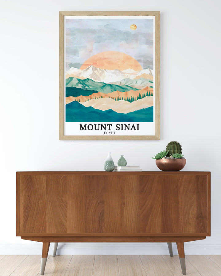 This Mount Sinai Poster Print features Summit Jabal Musa in vibrant detail creating a powerful piece of wall art that celebrates the natural beauty and historical importance of Mount Sinai Egypt ideal for adding character and inspiration to your living space