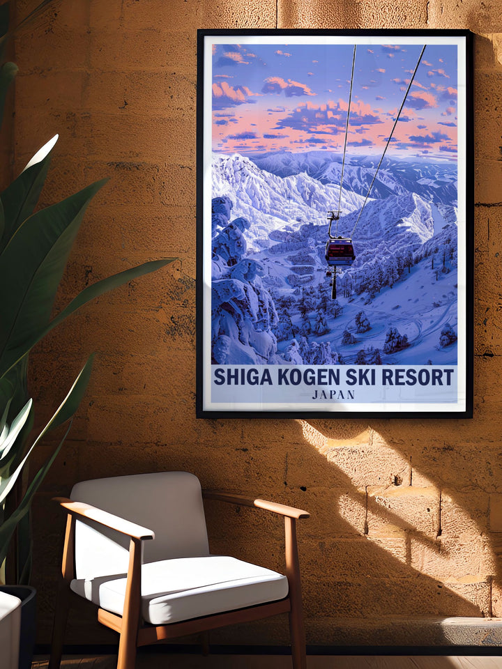 Featuring the vibrant winter scenery of Shiga Kogen in Japan, this travel poster is perfect for those who love skiing and the breathtaking beauty of the Japanese Alps.