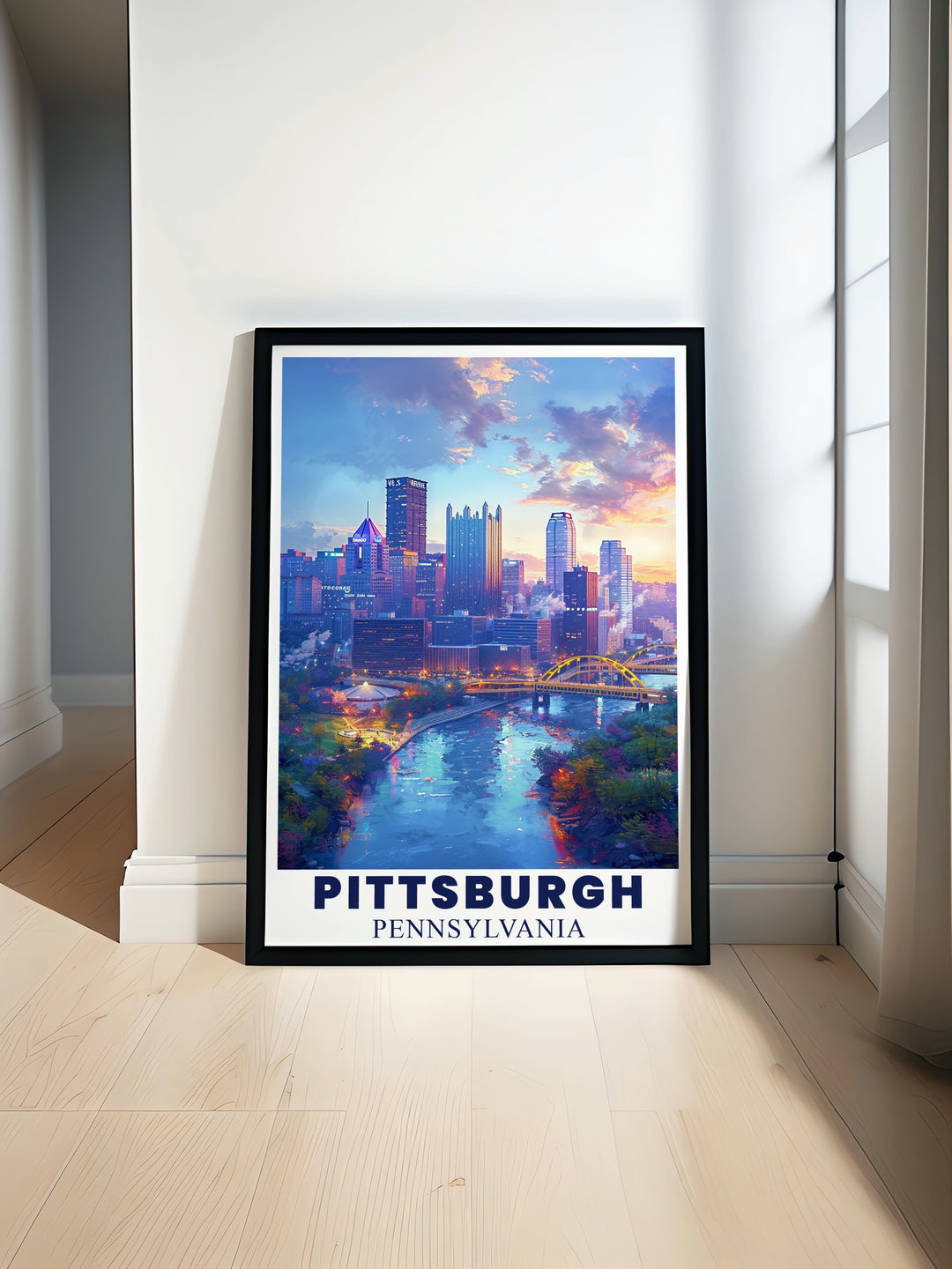 Pittsburgh travel print with a view of the citys skyline and riverfront. This detailed piece of art captures the essence of Pittsburgh, making it a great addition to any living room, office, or art collection, perfect for fans of the Steel City.