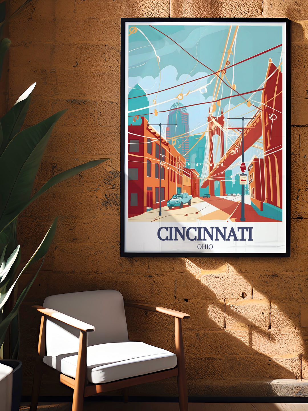 High quality Cincinnati map and painting of Roebling Suspension Bridge Roebling Point printed on premium paper with fade resistant inks ensuring longevity and vibrant colors for years to come