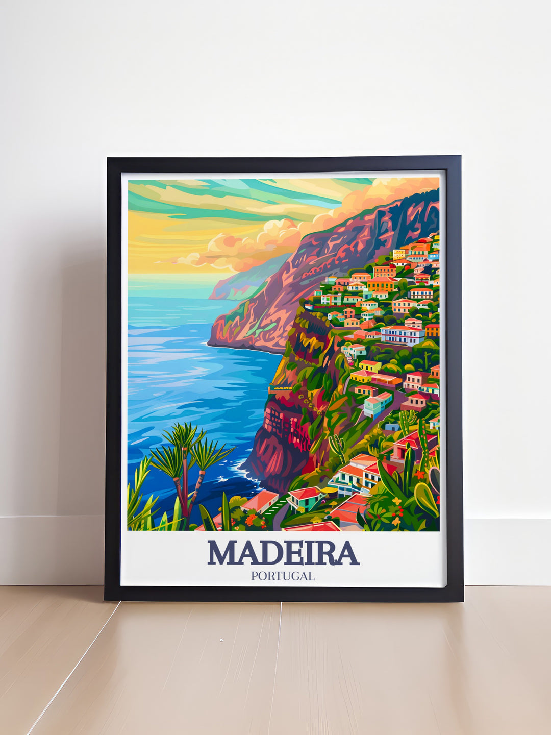 This Madeira poster print features the stunning coastal cliffs of Cabo Girão and the charming streets of Funchal. With vibrant colors and attention to detail, the artwork captures the essence of Portugals beautiful island. Ideal for travel lovers, this poster adds a touch of Portuguese elegance to your home décor.