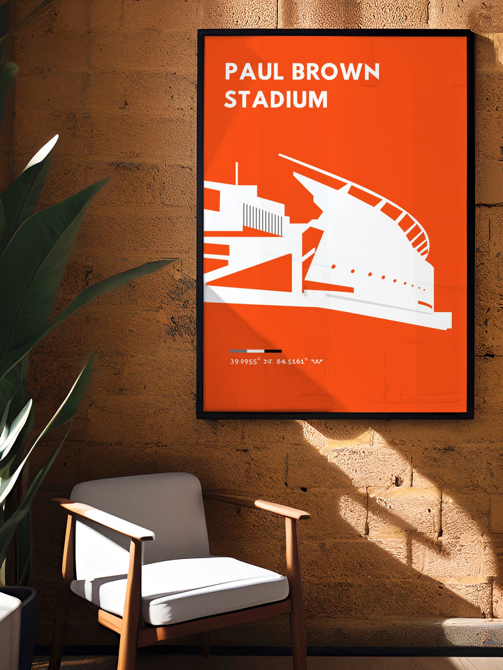 Paul Brown Stadium modern decor piece highlights the Bengals with a stunning Cincinnati Ohio print great for NFL enthusiasts looking for unique home decor options or as football fan gifts for boys dads or anyone who loves the Bengals.