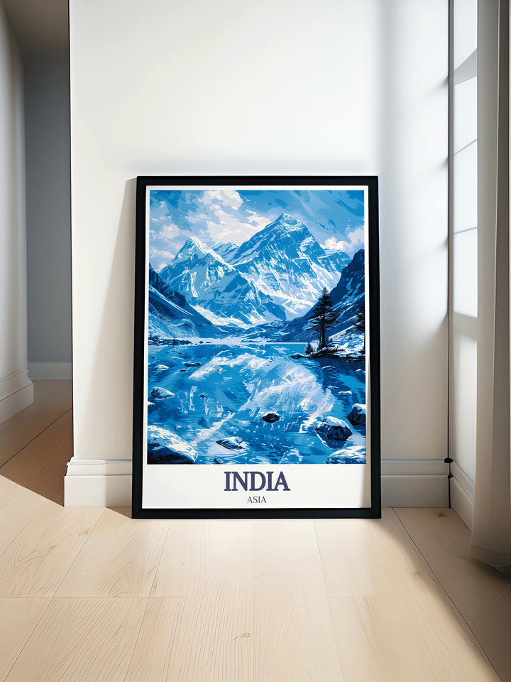 This stunning travel print captures the beauty of Indias Taj Mahal alongside the majestic Himalayas and Mount Everest. The perfect blend of cultural and natural wonders, this vintage poster is ideal for home decor or as a thoughtful gift for travel enthusiasts.