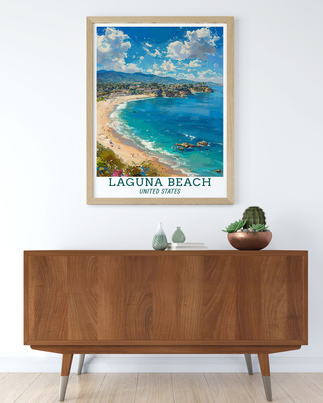 Stunning Living Room Decor with Main Beach Modern Prints captures the vibrant and serene vibes of Laguna Beach ideal for enhancing your home or office space.