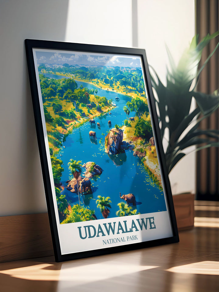 High quality Udawalawe Reservoir Walawe River print perfect for adding a sense of adventure to your home or office decor featuring intricate details and vibrant colors that highlight the beauty of Sri Lankas national parks.