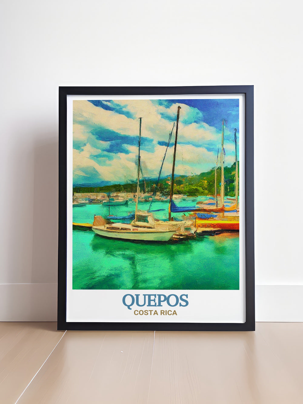 Quepos, a lively town on Costa Ricas Pacific coast, is celebrated in this print along with the nearby Marina Pez Vela. The artwork showcases the towns unique charm and the marinas stunning waterfront, making it a perfect gift for those who love tropical destinations.