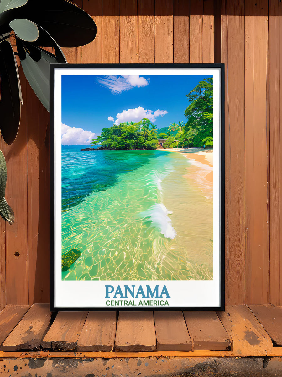 Bocas del Toro Travel Print showcasing the serene waters and lush greenery of this Central American paradise. Ideal for beach house decor or as a thoughtful gift for beach lovers, this canvas art brings the tranquil beauty of Panama into your home.