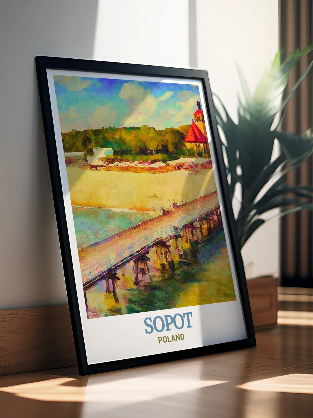 A detailed art print showcasing the Sopot Pier in Poland, highlighting the longest wooden pier in Europe with its serene coastal surroundings. The artwork captures the beauty of the Baltic Sea and the architectural elegance of the pier, making it a perfect piece for those who love maritime history and Polish landmarks.