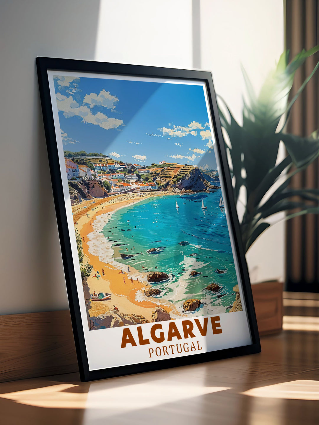 The natural beauty of Lagos and the Algarve coast is depicted in this travel poster, highlighting the dramatic cliffs and clear waters, perfect for enhancing your home with a piece of Portugals charm.