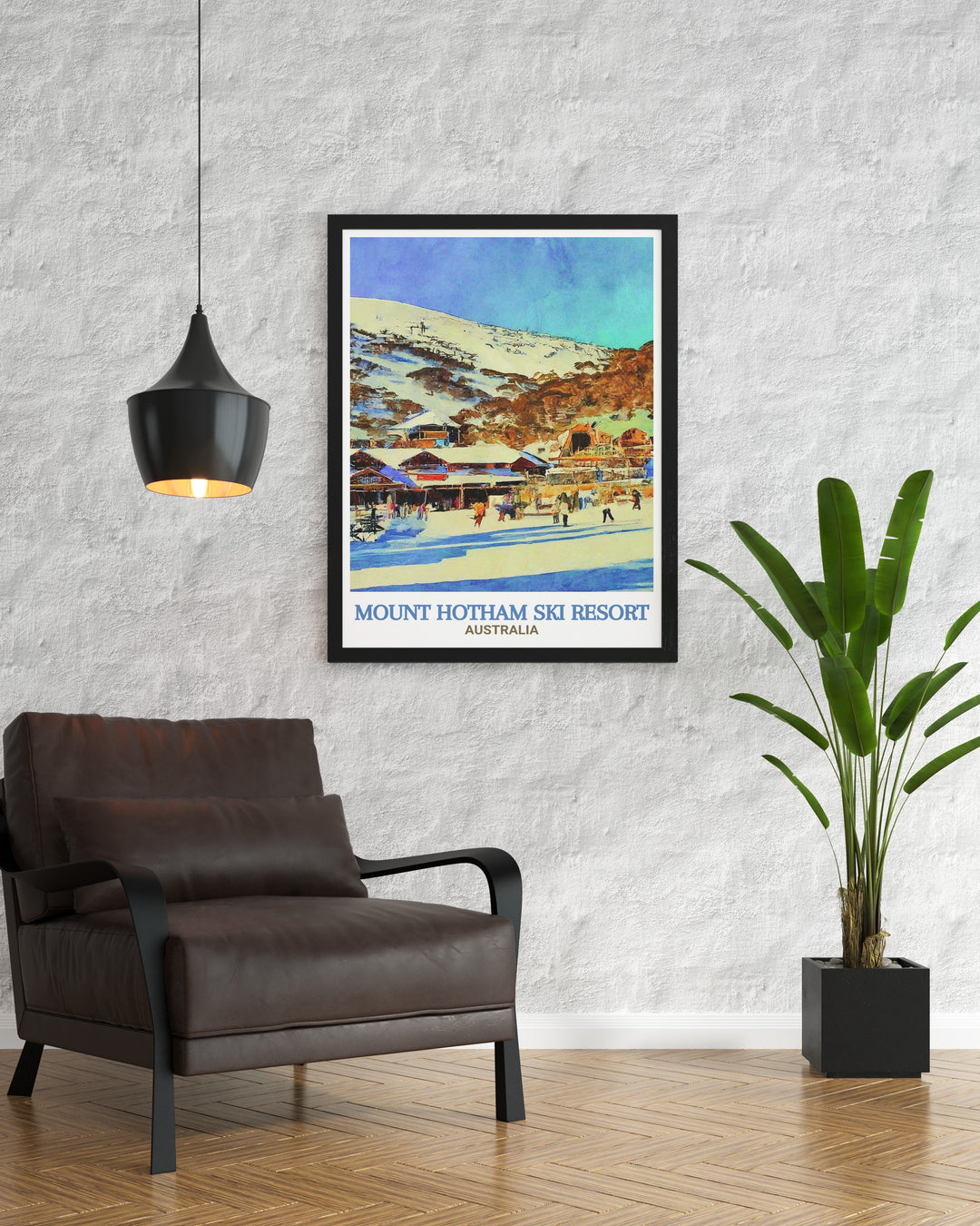 Celebrate the adventure of Mount Hotham with this travel poster, featuring the beautiful Hotham Alpine Village and the dramatic snow capped peaks of the Australian Alps. Ideal for lovers of winter sports and alpine scenery.