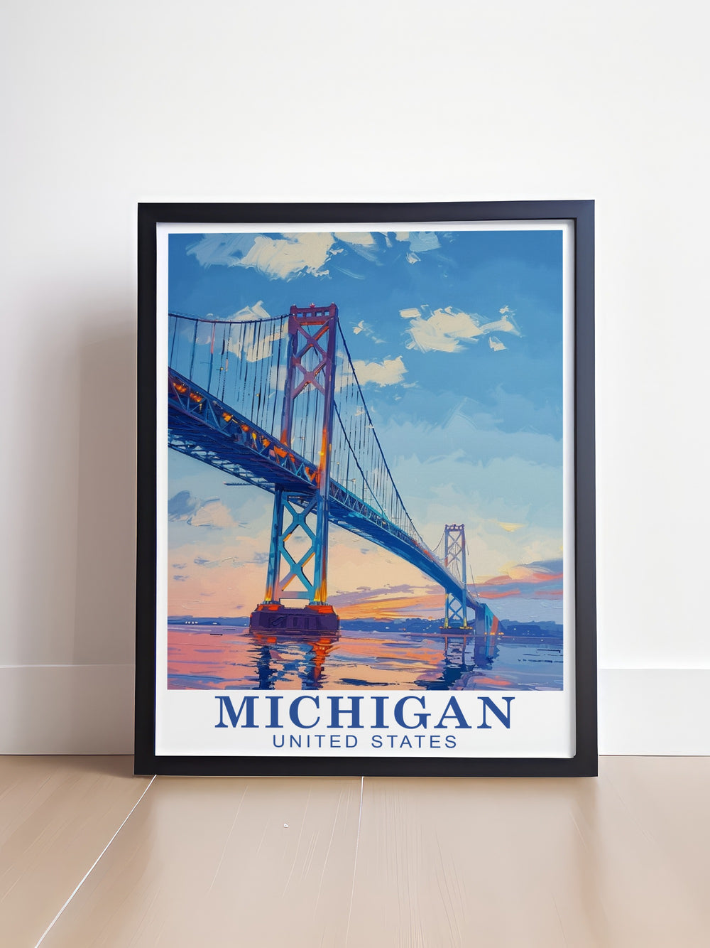 The Mackinac Bridge and Leelanau, Michigan, come to life in this USA canvas art. A travel print that features the famous landmarks in vibrant colors, perfect for any room, from guest spaces to Airbnbs. Add this vintage poster to your collection as a tribute to Michigans scenic beauty.