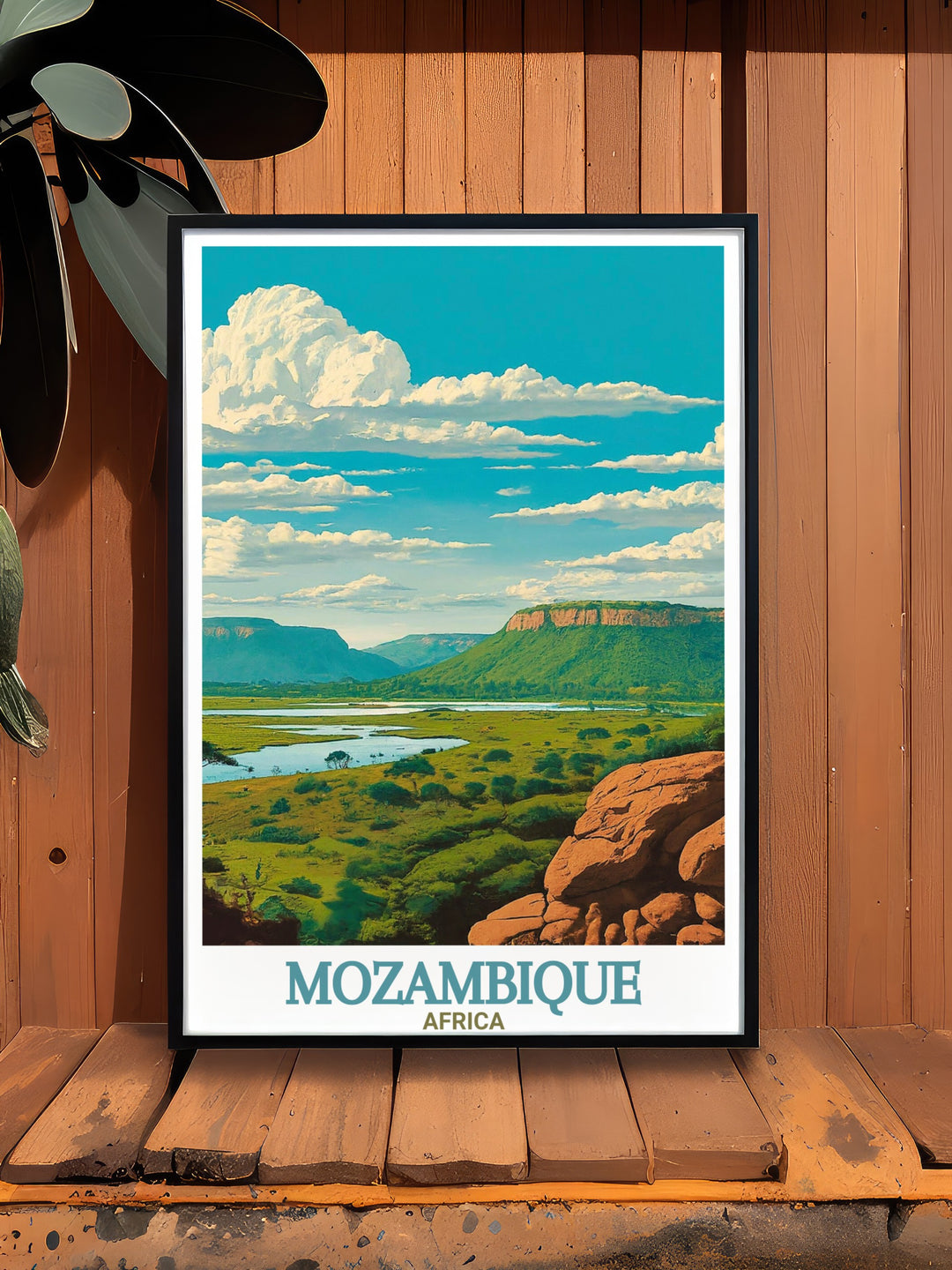 Gorongosa National Park Wall Art portraying Mozambiques wildlife rich national park. With elephants, lions, and vast savannas, this piece of art highlights the beauty of Africas diverse ecosystems in a detailed, colorful print.