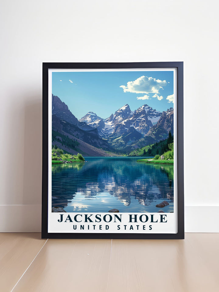 This travel poster depicts the majestic peaks of Grand Teton National Park and the vibrant Jackson Hole, highlighting the natural beauty and adventure of Wyoming.