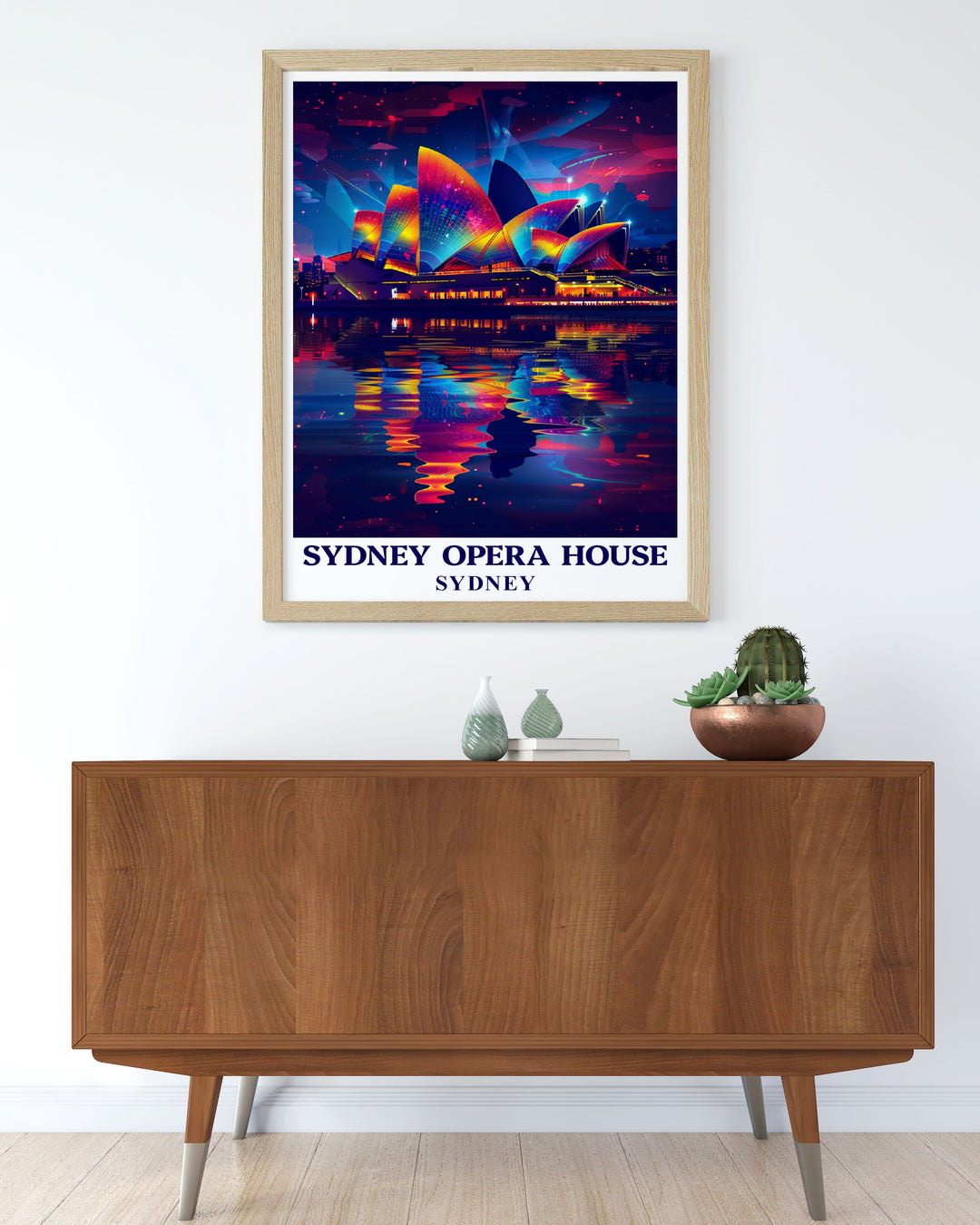 Bondi Beach print with Sydney Opera House featuring vibrant colors and a nostalgic design capturing the spirit of Sydneys famous beach and architectural wonders ideal for any art collection