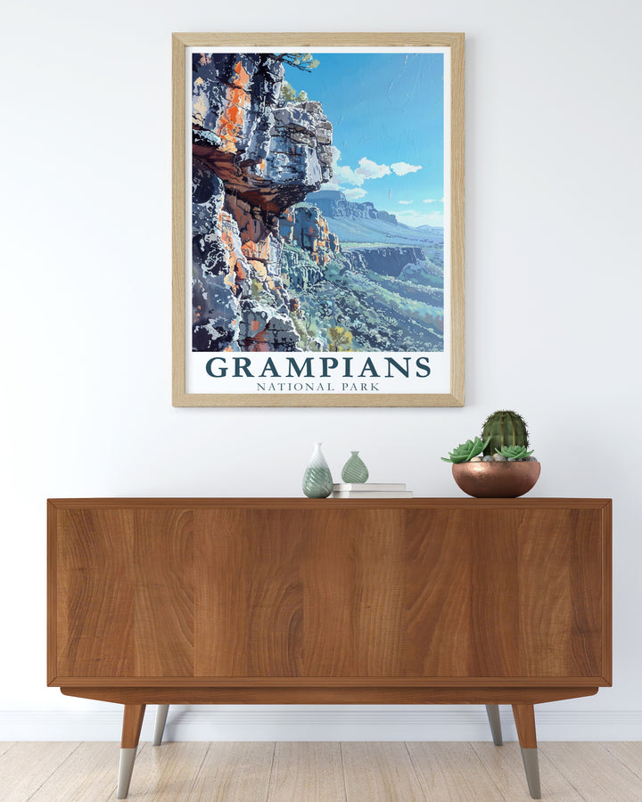 The Grampians National Park wall art is an excellent choice for those who appreciate nature and travel. With its panoramic views of the Hollow Mountains, this artwork brings a touch of the wild into your home. Perfect for adventurers or nature lovers, this piece adds beauty and serenity to any room.