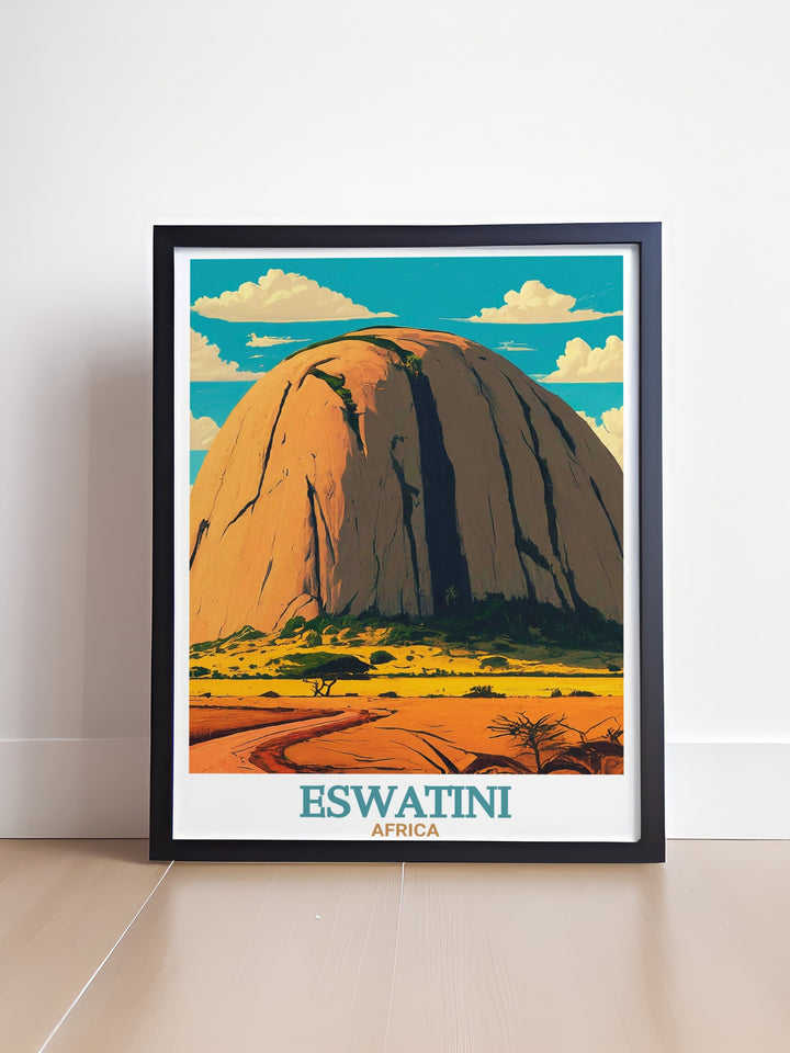 Eswatini art print brings the monumental beauty of Sibebe Rock to life, capturing the sweeping vistas and unique geological formations. This travel poster is perfect for those who appreciate the power and serenity of natures wonders.