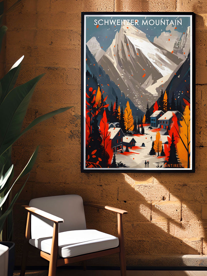 Featuring Schweitzer Village nestled at the base of Schweitzer Mountain, this Travel Print showcases the charm of Idahos ski resort community. The poster portrays both the tranquil village and the majestic mountain, creating a perfect art piece for lovers of winter sports and mountain landscapes.