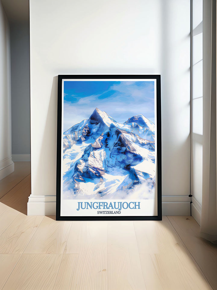 Detailed illustration of the iconic Swiss peaks Eiger, Mönch, and Jungfrau, showcasing their majestic beauty and the serene alpine landscape. This travel poster is perfect for adding a touch of the Swiss Alps to your living space, making it a must have for mountain lovers.