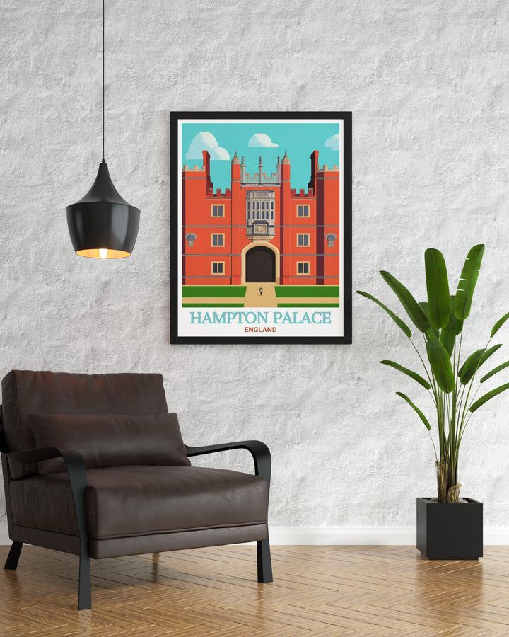 The Hampton Palace wall art highlights the stunning architecture of Englands royal residence. This artwork showcases the palaces grandeur, making it a captivating piece for any lover of British history or architecture. Perfect for adding sophistication to any living room, office, or bedroom.