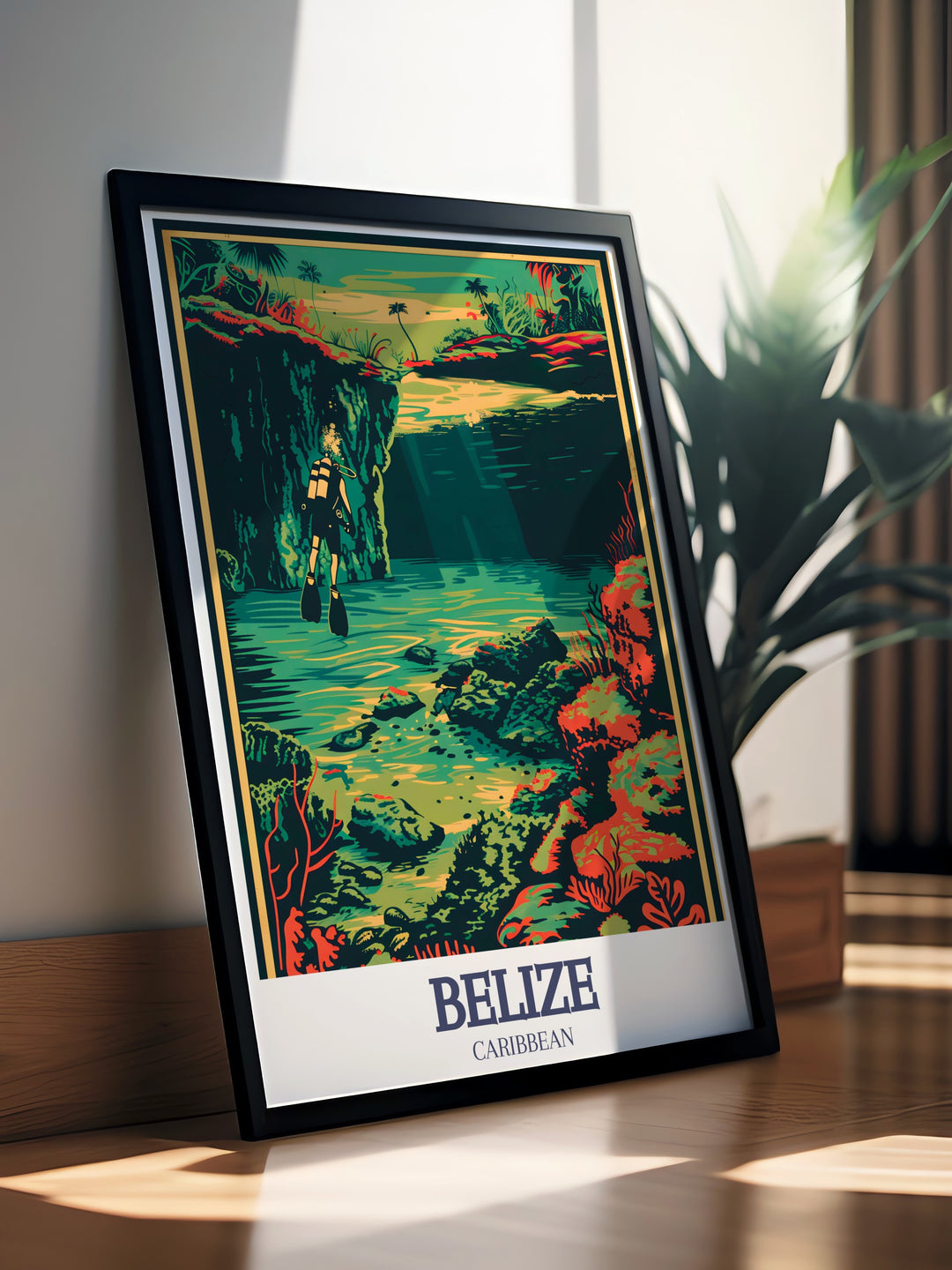 Blue Hole Belize Barrier Reef vintage print showcasing the colorful underwater world of the Caribbean perfect for art and travel lovers adding a unique and captivating element to your home decor