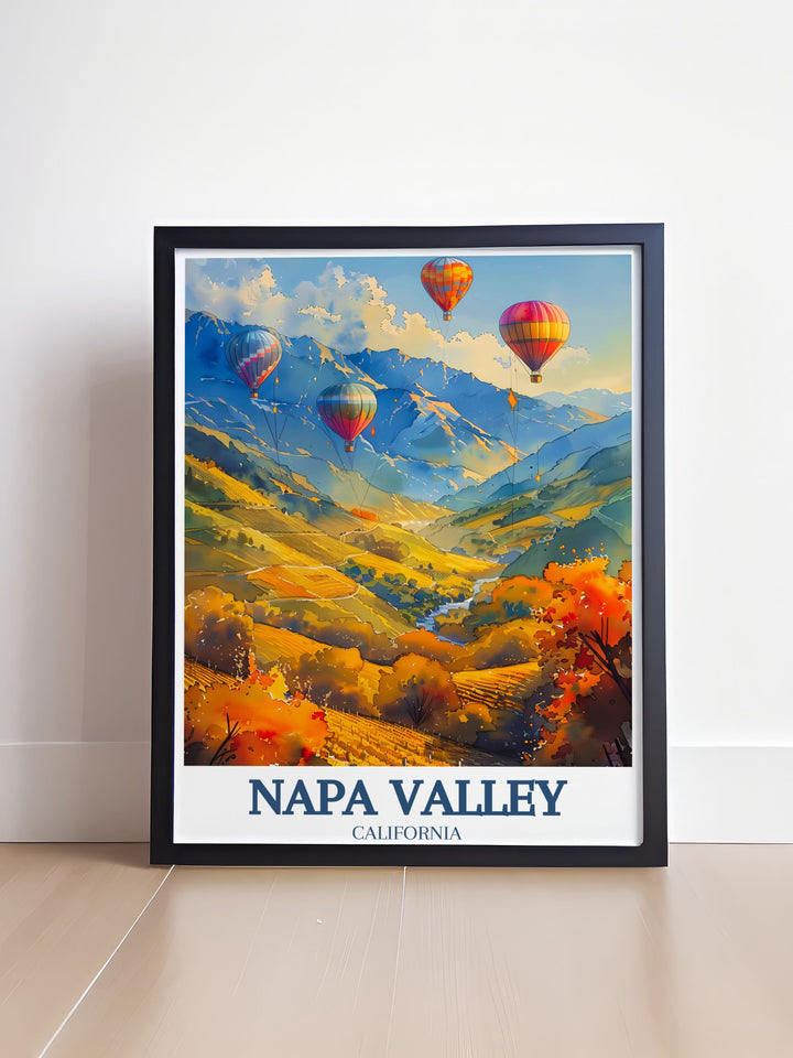 Elegant Art Print of Napa Valley featuring the serene Napa River vibrant hot air balloon rides and the stunning Mayacamas and Vaca mountain ranges an ideal choice for sophisticated home decor