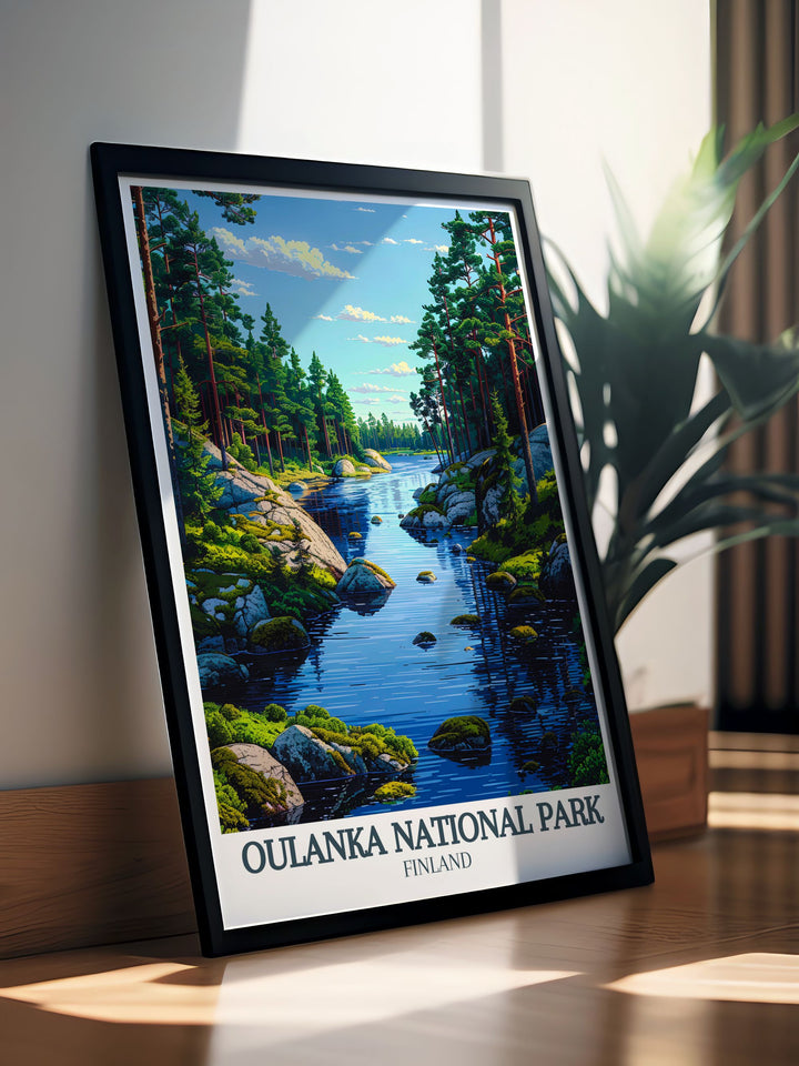 Vibrant national park poster featuring the Oulanka river Kiutakongas Rapids. This framed print is a perfect addition to your nature wall art collection. Great gift for nature lovers and those who appreciate Scandinavian art.