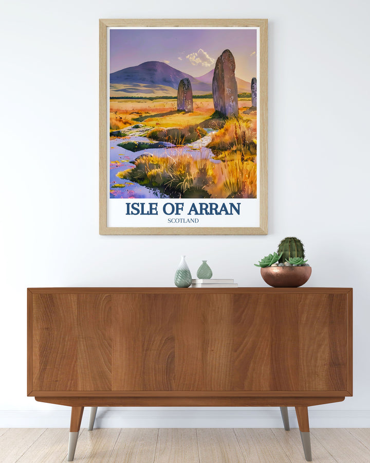 Vintage poster of the Isle of Arran, showcasing the islands rich heritage and stunning natural beauty, with a focus on the iconic Goatfell and the ancient Machrie Moor Standing Stones.