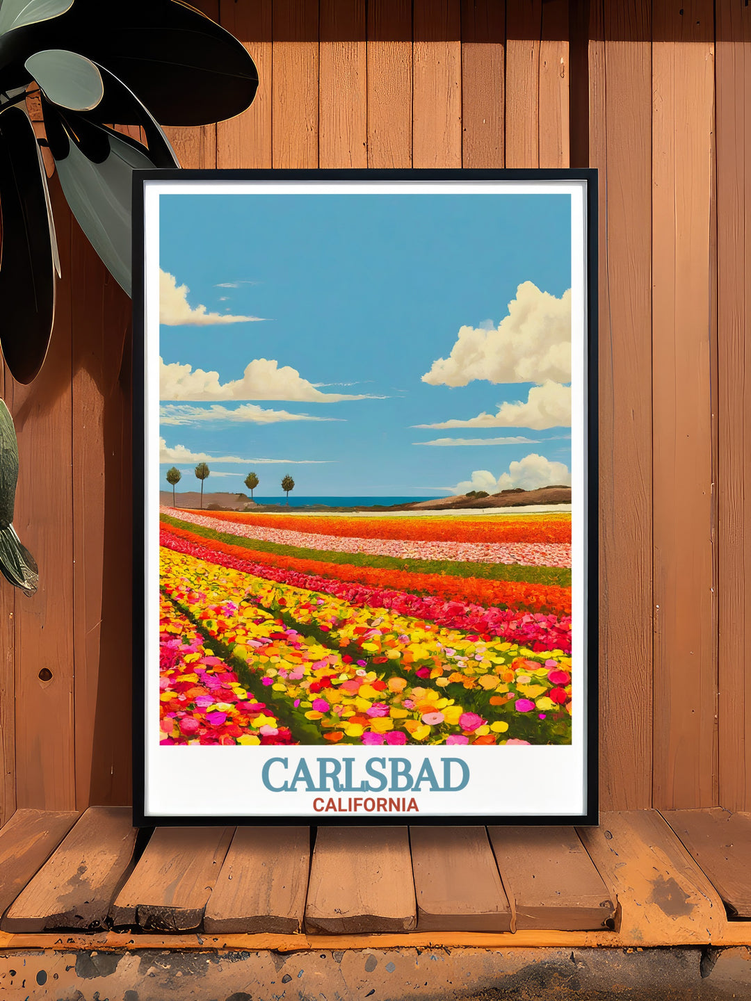 A vintage inspired travel print capturing the colorful landscape of The Flower Fields at Carlsbad Ranch. This Carlsbad decor piece blends the charm of nature with a modern design, making it a perfect addition to any home or office.