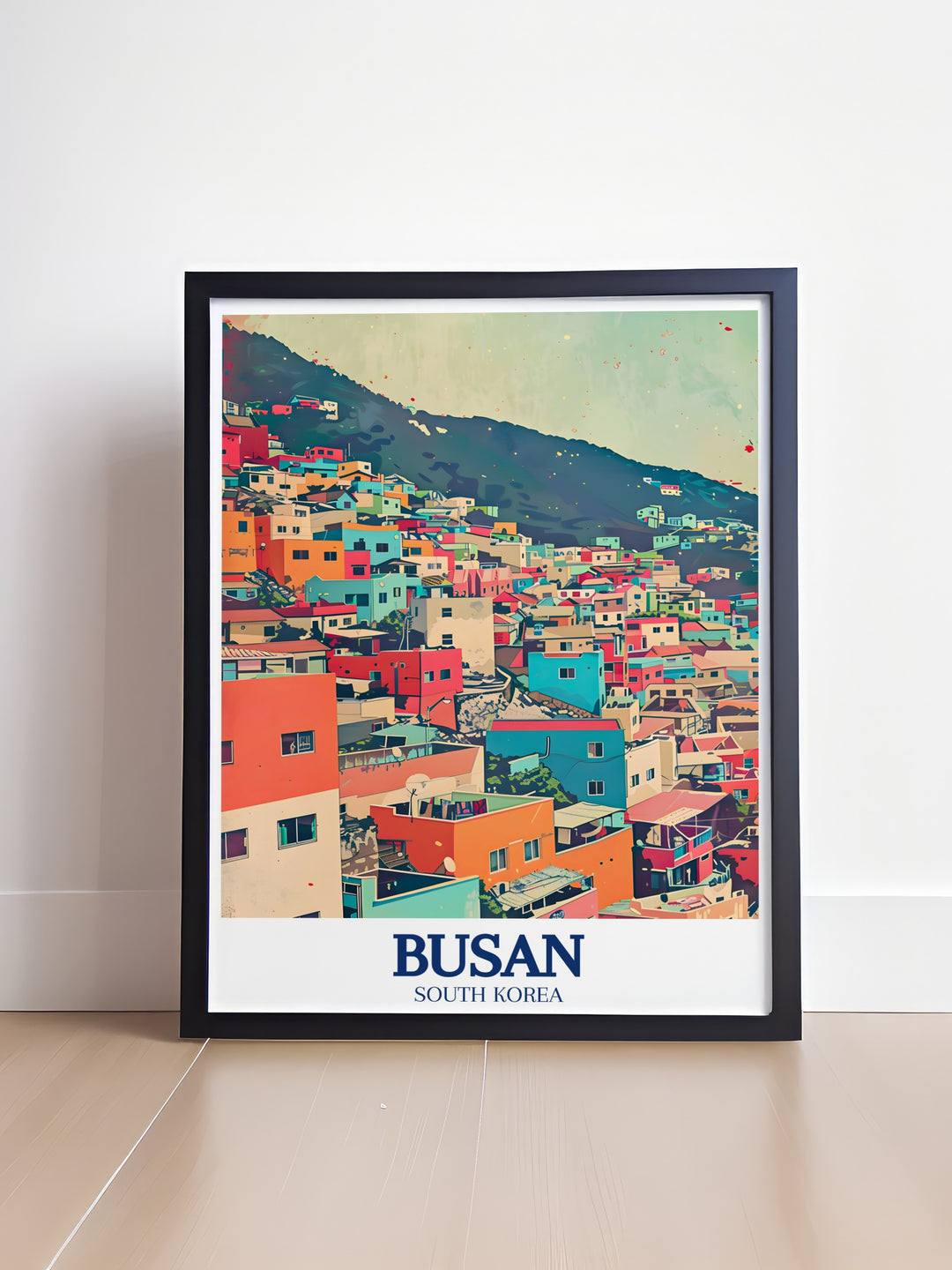 Busan poster art highlighting the iconic Gamcheon Culture Village Gamcheon dong with its bright pastel houses winding streets and cultural charm adding an artistic touch to any room with stunning South Korea travel photography and modern art prints.