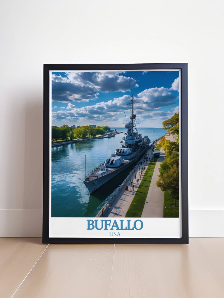 Vintage poster featuring Buffalo Naval and Military Park capturing the timeless beauty and historical significance of this landmark great for digital downloads and unique gifts for art lovers and history enthusiasts