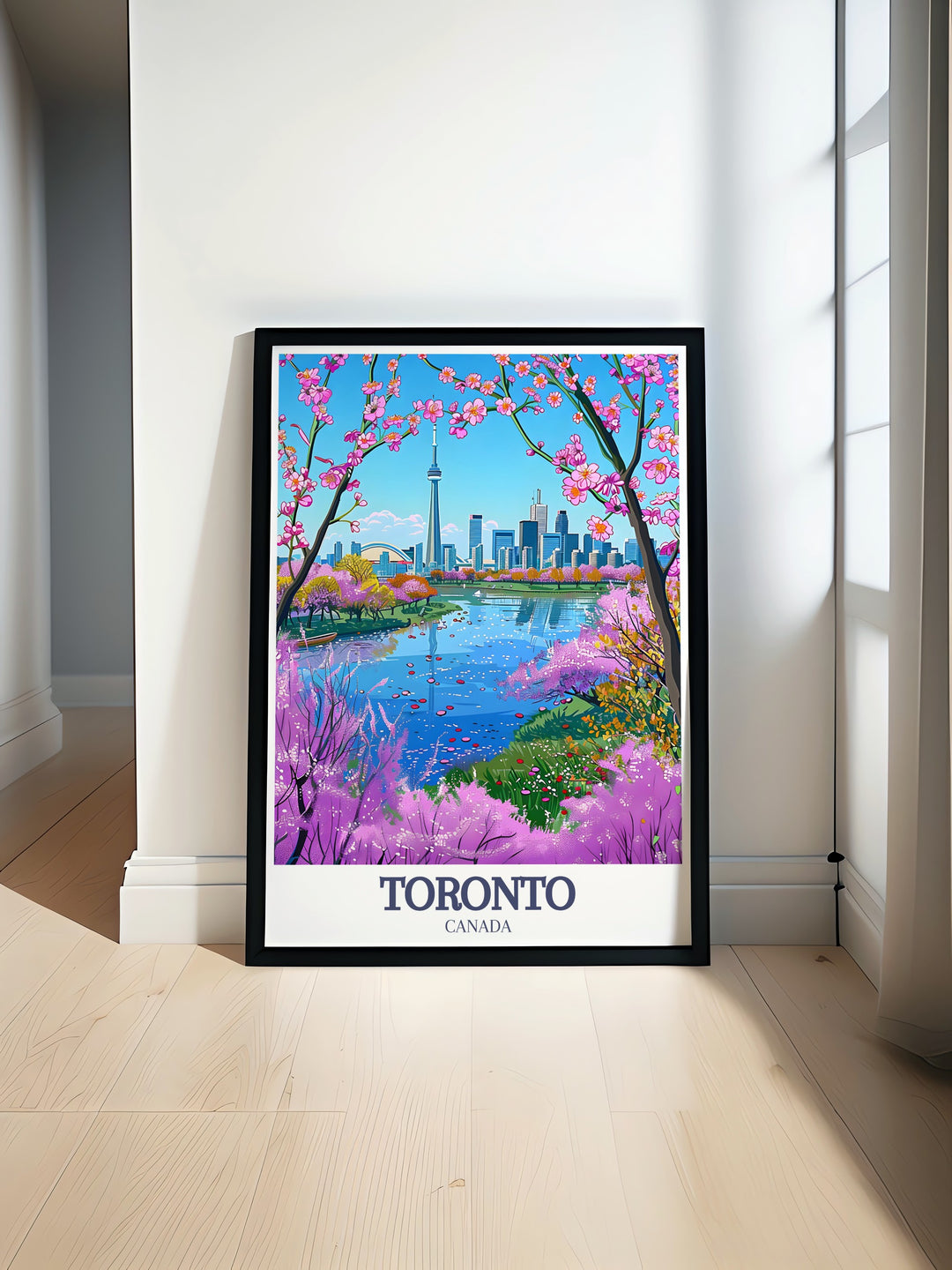 Featuring Torontos CN Tower and the lush landscapes of High Park, this travel print captures the harmony between the citys modern skyline and its green spaces. A wonderful addition to any home or office, this framed print celebrates Torontos unique charm.