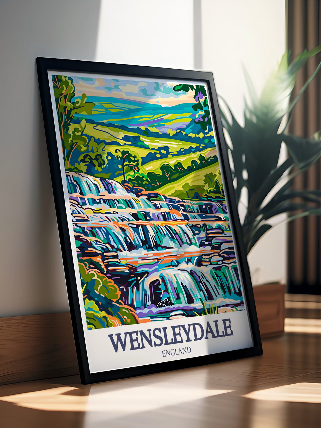 Featuring the iconic landscapes of Wensleydale and Aysgarth Falls, this Yorkshire Dales wall poster celebrates the beauty of North Yorkshires National Park. The vintage style print is perfect for nature lovers, making it an ideal gift or decorative piece for your home.