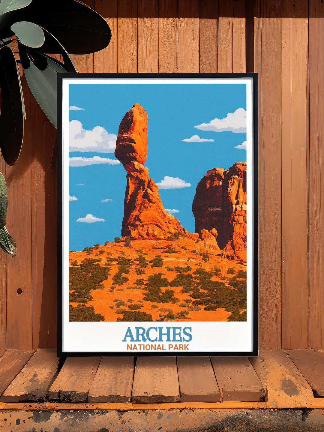 Balanced Rock vintage print depicting the iconic formation in Arches National Park blending seamlessly with various decor styles ideal for National Park travel enthusiasts and those who cherish natural beauty.