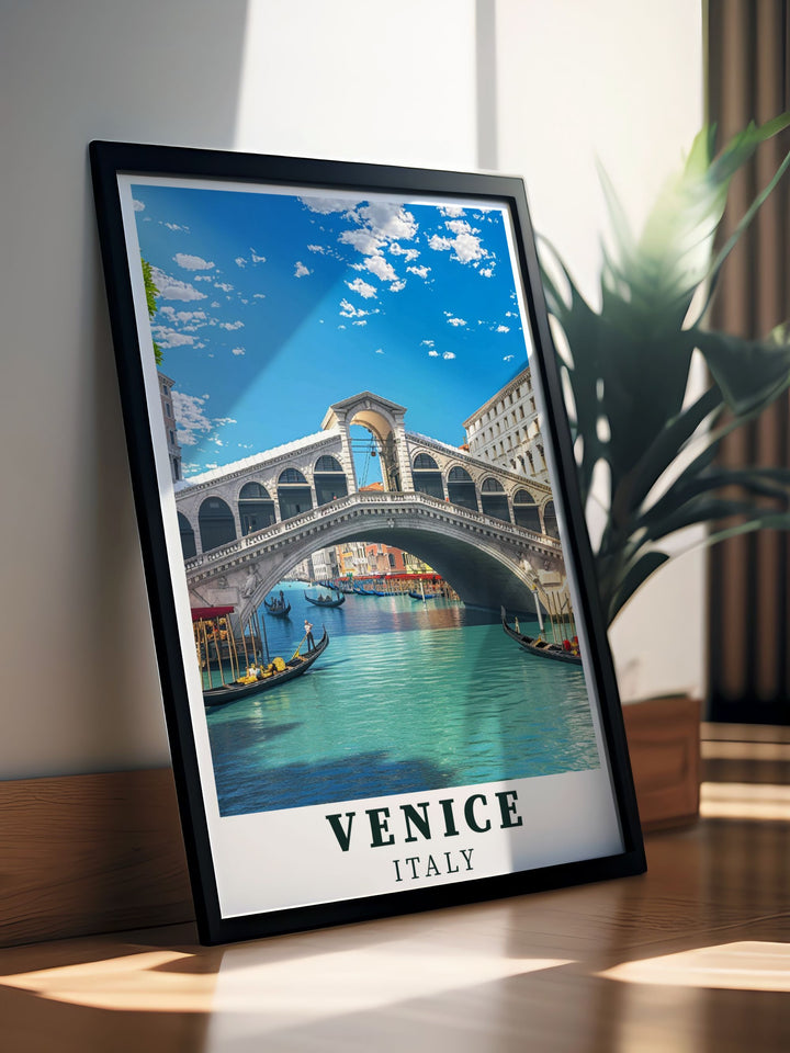 Stunning Venice travel print of the Rialto Bridge capturing the iconic landmarks beauty and providing elegant decor for any room