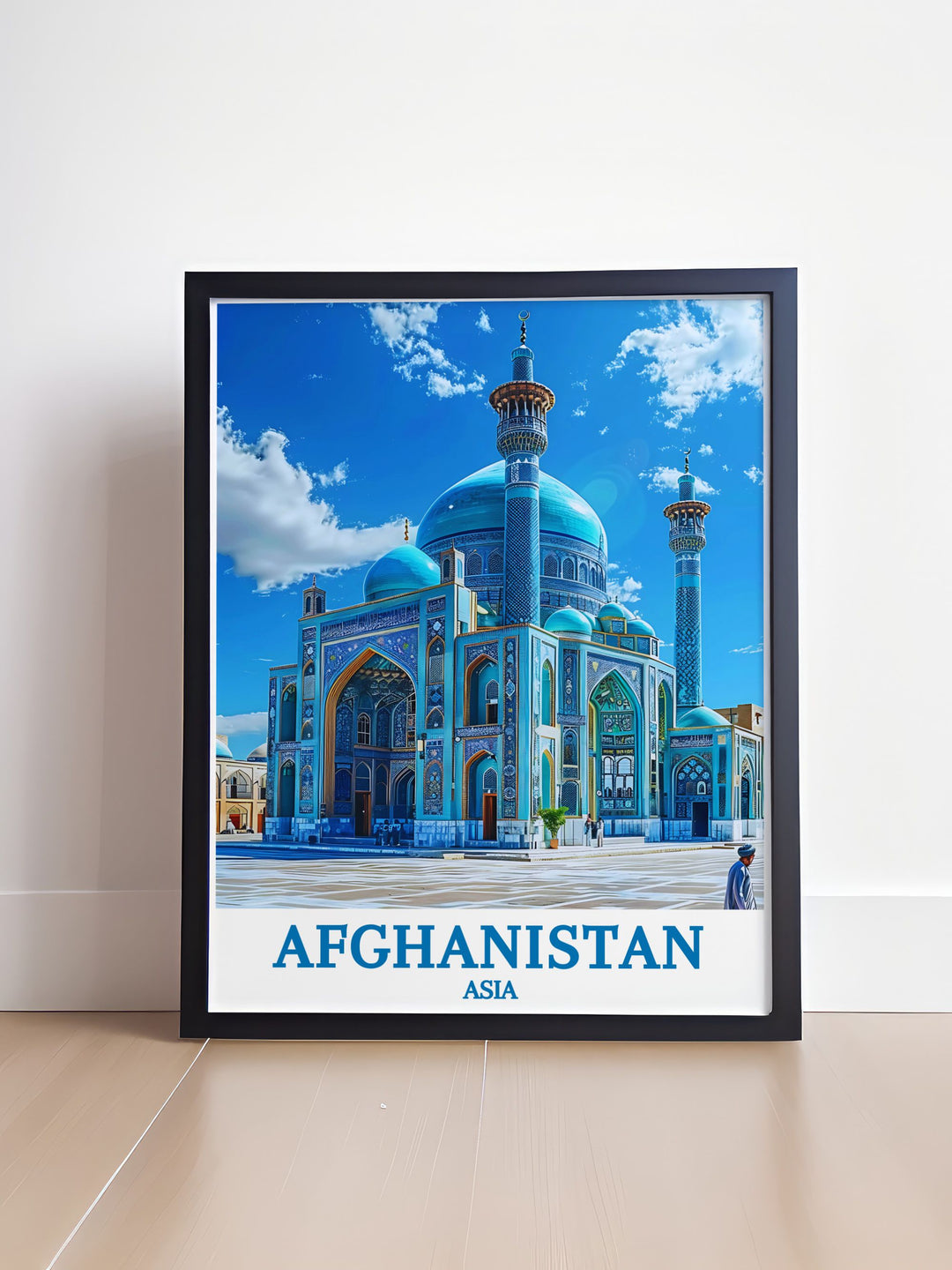 A stunning Afghanistan Poster featuring The Blue Mosque Mazar e Sharif captured in fine line print offering a colorful and detailed representation perfect for art enthusiasts and collectors