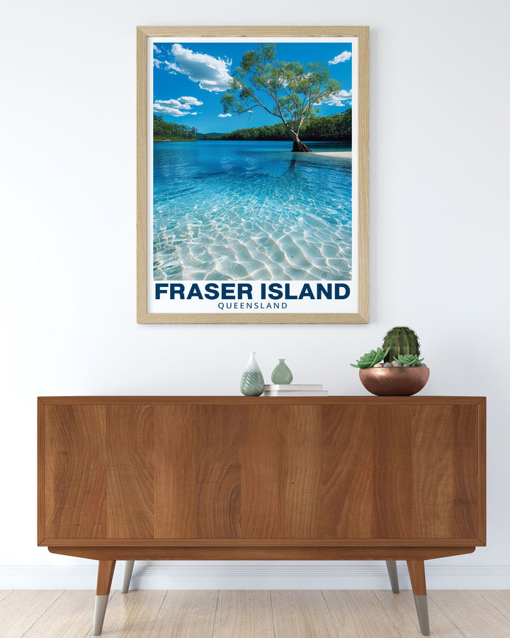 LakeMcKenzie and Fraser Island Art Print combine the best of Australias natural landscapes into one beautiful wall decor piece. The calm blue waters of LakeMcKenzie are the perfect complement to the golden beaches of Fraser Island making this art print a must have.