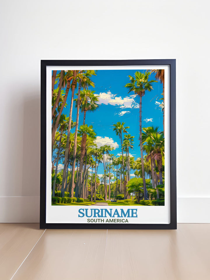 Travel Poster Print of Suriname focusing on the vibrant streets of Paramaribo and the tranquil Palmentuin. Elegant and sophisticated wall art for any room in your home or office.