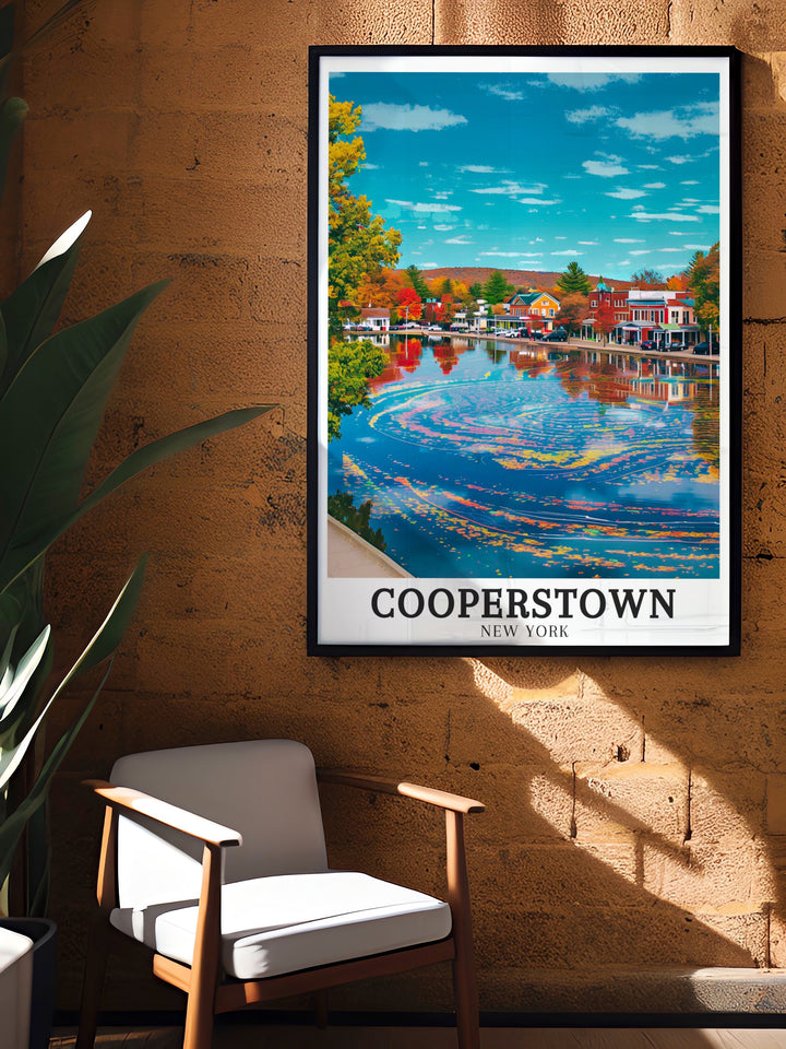 Otsego Lakes natural beauty shines in this detailed travel print, capturing the calm waters and scenic surroundings. The vibrant colors make this an ideal wall art piece for those who adore New Yorks landscapes and lakefronts.