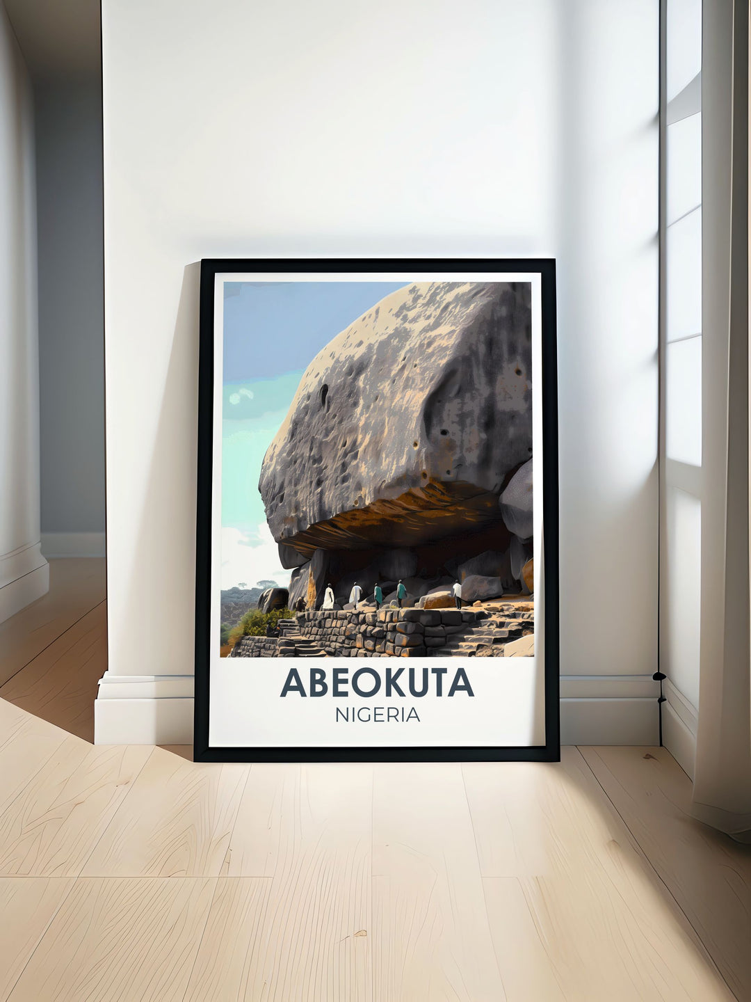 a poster of a rock formation in a room