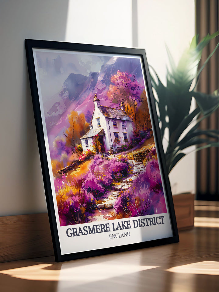 Featuring a vibrant depiction of Dove Cottage in Grasmere, this travel poster highlights the literary heritage and serene surroundings of the Lake District, making it a captivating addition to your decor.