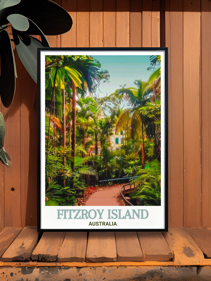 Fitzroy Island art print brings the vibrant beauty of Australias tropical paradise to life, showcasing the islands stunning rainforests and the secluded Secret Garden Walking Trail. This travel poster is perfect for anyone who loves nature and serene landscapes.