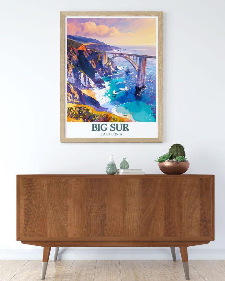 Featuring the lush landscapes and stunning ocean views of Big Sur, this travel poster captures the natural beauty of California, ideal for those who appreciate scenic coastal landscapes.