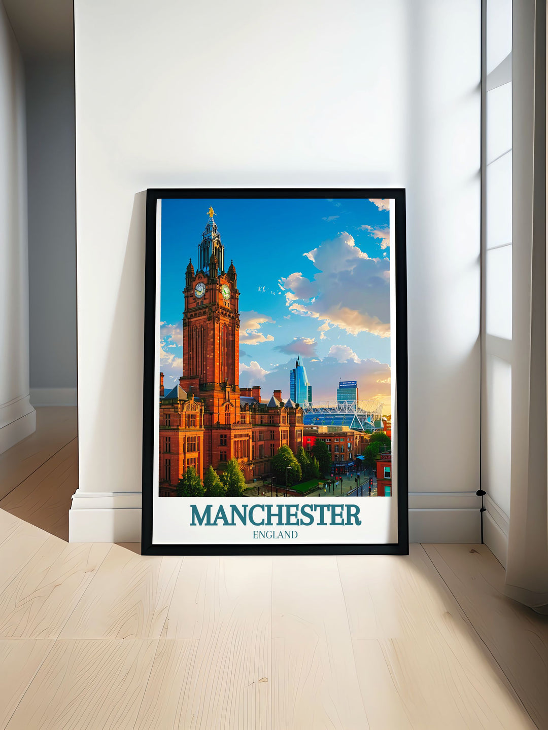 Manchester town hall and Old Trafford stadium print capturing the iconic landmarks in stunning detail perfect for fans of architecture prints and vintage travel posters celebrating Manchesters rich heritage.
