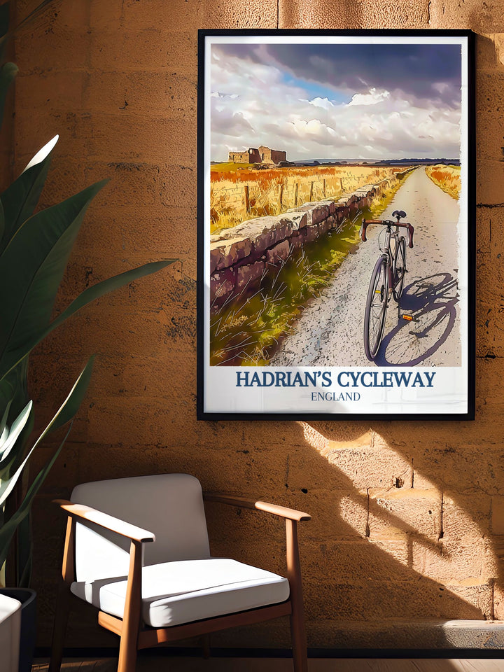 The beauty of Walltown Crags is captured in this travel poster, offering a view of the dramatic cliffs and serene landscapes along Hadrians Cycleway, perfect for nature enthusiasts.