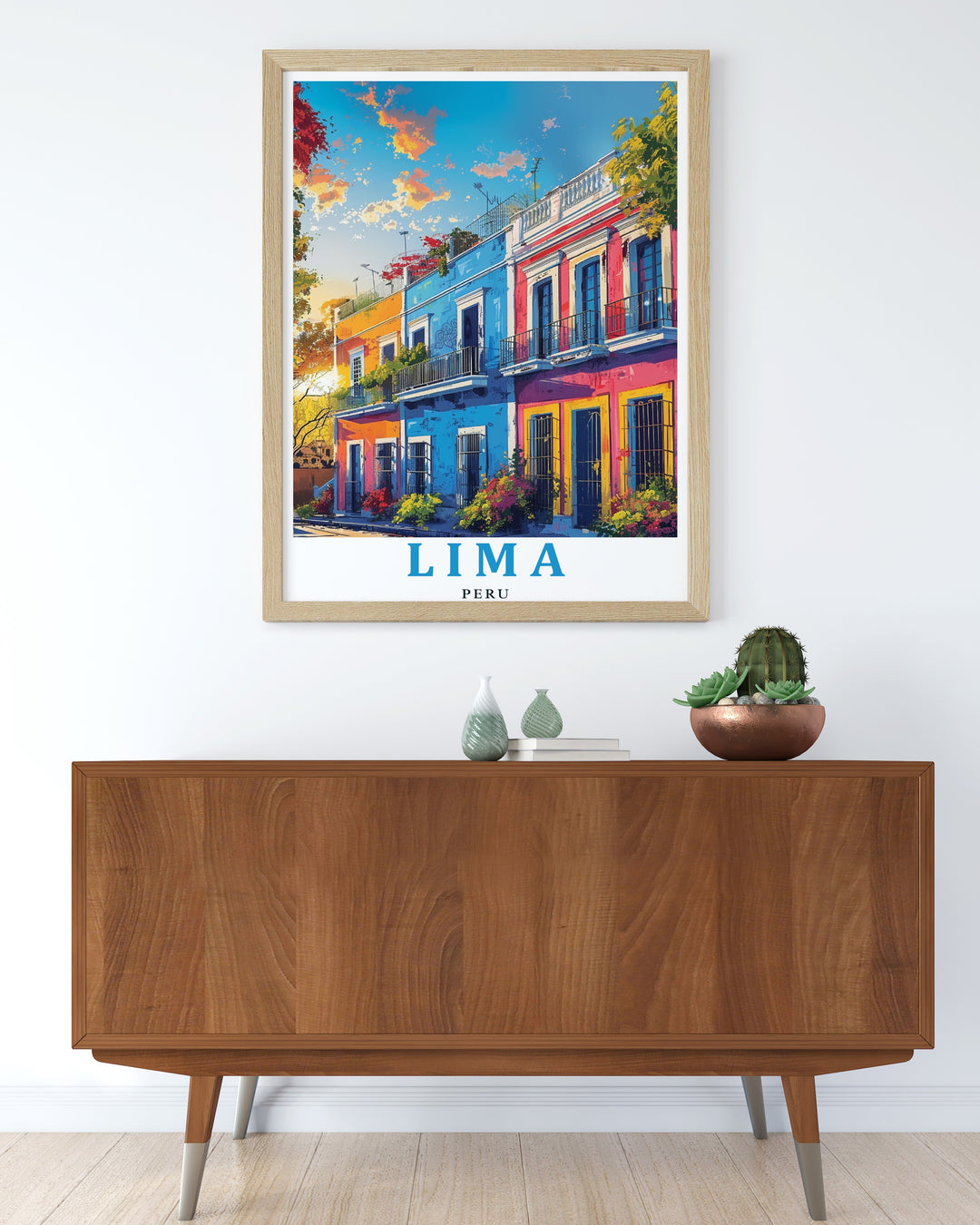 This Lima and Barranco District travel print beautifully captures the vibrant streets of Perus capital. With its bright colors and bohemian charm, this artwork adds a lively touch to any home décor, making it a perfect gift for travel enthusiasts or art lovers.