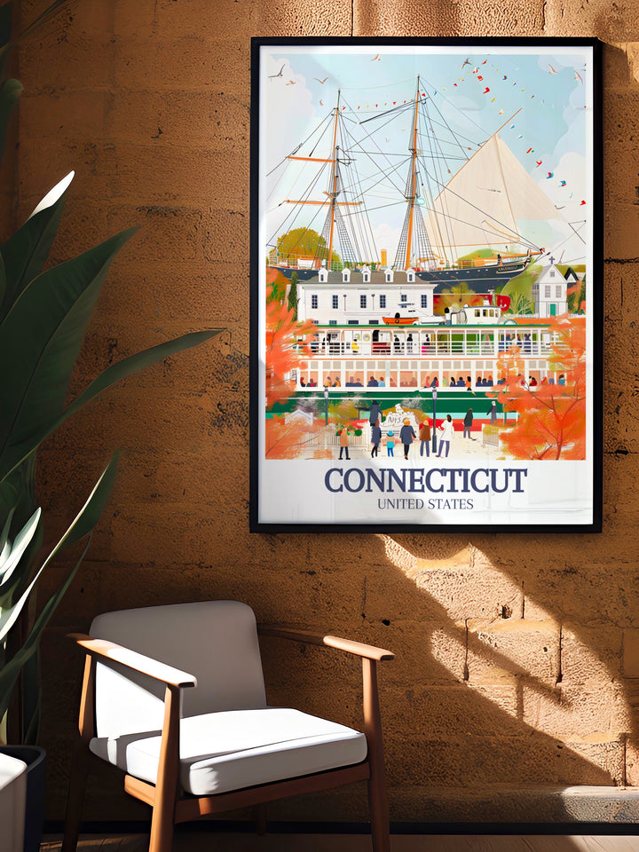 Connecticut art print featuring Mystic Seaport New England town and framed Bridgeport poster perfect for home decor or personalized gifts ideal for creating a warm and inviting space with beautiful Connecticut state artwork.